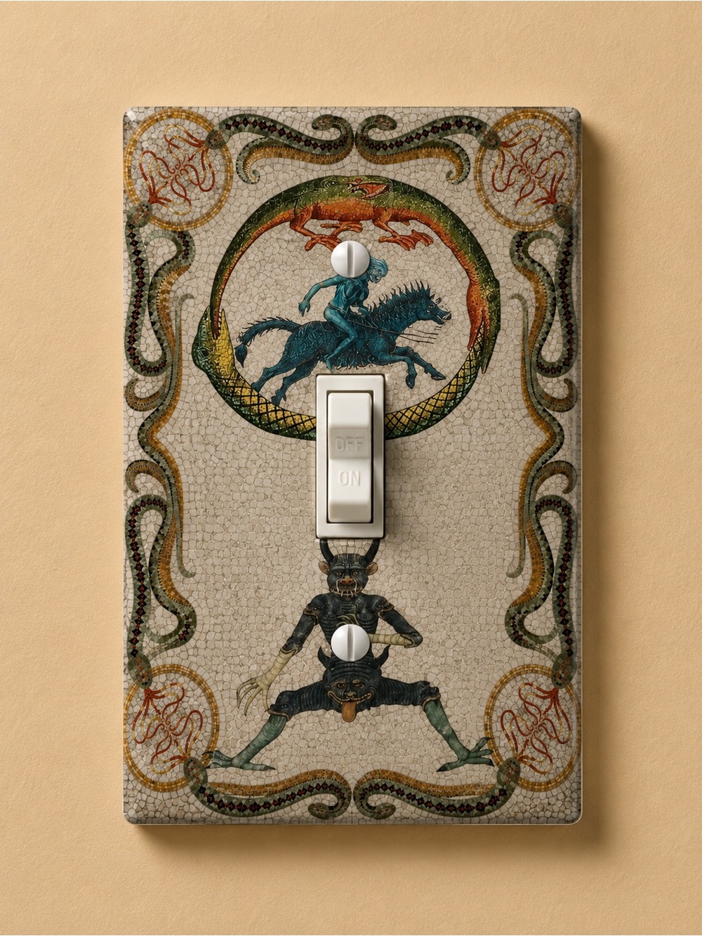 Handmade Decorative Mythic Switch Plate for Cover in Green and Tan